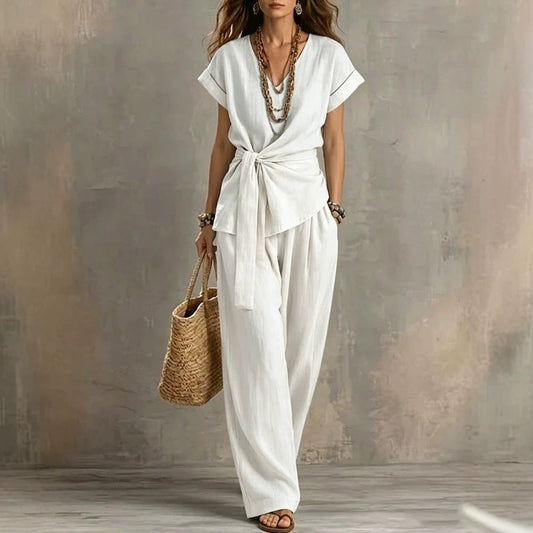 Women's V-neck Pullover Short-Sleeve Pants Set