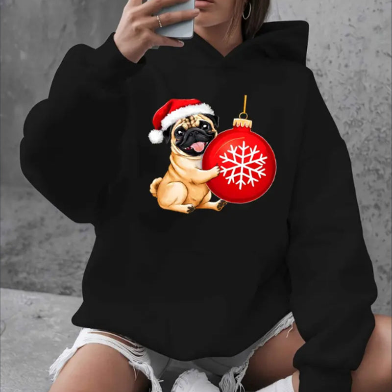 Pug Loves Christmas Bells Oversized Hooded Sweatshirt For Women, Long Sleeve Pullover With Pockets, Casual Plus Size Top For Fall Winter CJ US