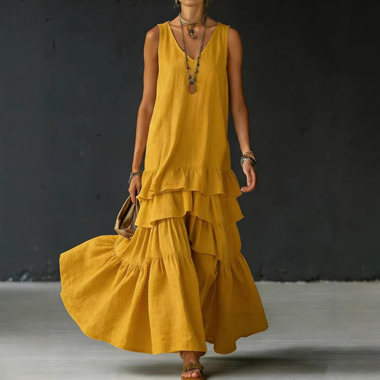 Solid-color Womens Loose-fitting Full-skirted Sleeveless Dress