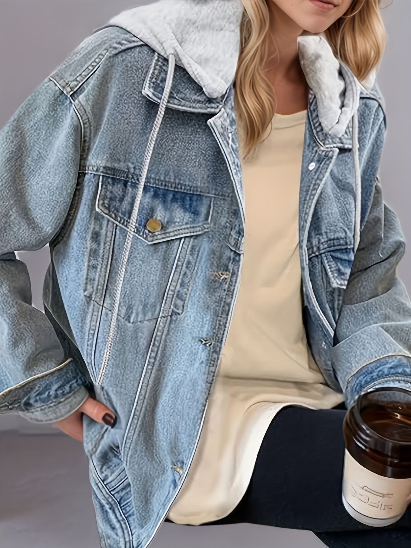 Women's Hooded Denim Jacket, Oversized Retro Denim Jacket, Elastic And Loose, Comfortable And Lightweight CJ US