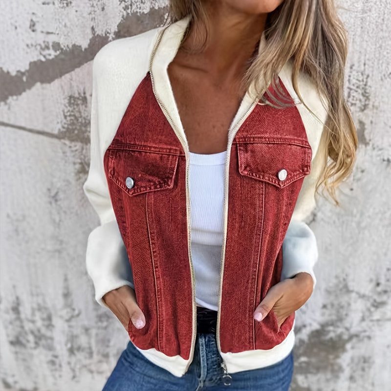 Women's Denim Patchwork Zip-Up Jacket Stand Collar Casual Coat With Button-Decorated Flap Pockets Fall Winter Fashion Outerwear CJ US