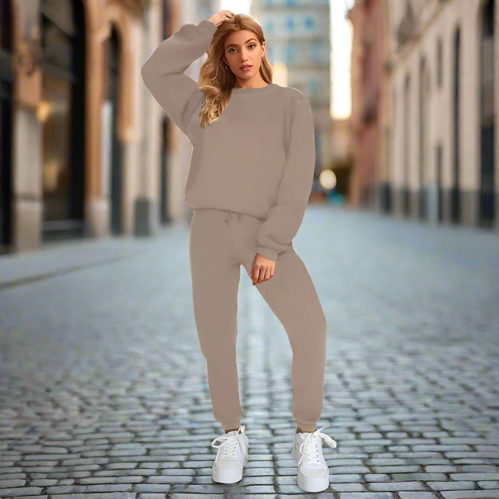 👚 Women's Solid Color Round Neck Pullover Sweatshirt & Pants Set FitiqueFit