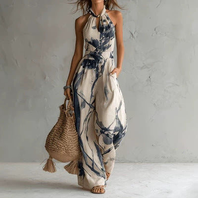 Ink printed wide leg pocket jumpsuit
