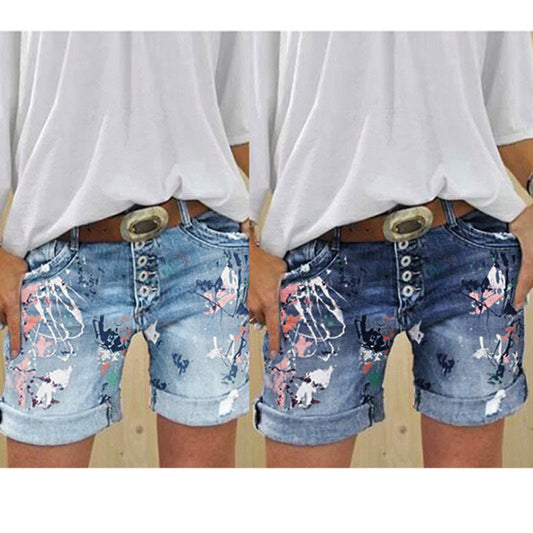 High-Waisted Elastic Printed Women's Denim Shorts with Button Closure, Large Size, Fashionable Design