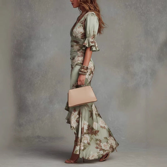 Elegant Long Dress with V-Neck, Fitted Silhouette, Floral Print and Ruffle Hem