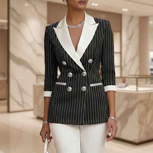 Style Black and White Thin Stripe Color-Blocked Notch Lapel Double-Breasted Three-Quarter Sleeve Suit Jacket for Women