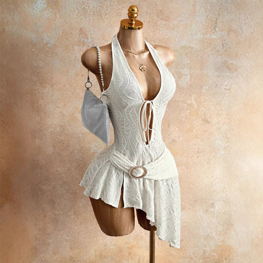 Deep V-Neck Tie-Up Asymmetrical Dress White Strapless Irregular Hem