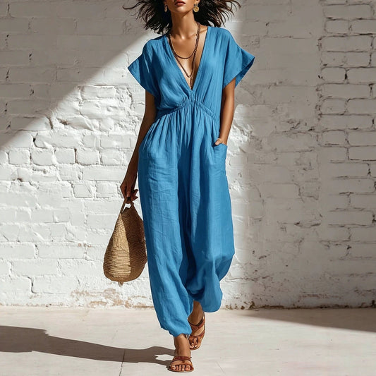 Deep V-neck loose fit pants for women