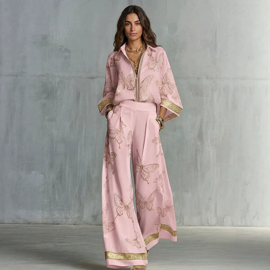 Style Women's Retro Printed Sexy Deep V Neck Loose Zipper Top with Wide Leg Pants Two-Piece Set