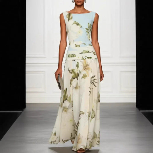 V-neck floral print women's dress sleeveless backless waist cinching long skirt