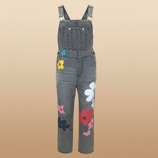Summer Printed Overalls Denim Pants with Ripped Details, Loose Straight Leg Casual Stylish Versatile Long Pants for Women