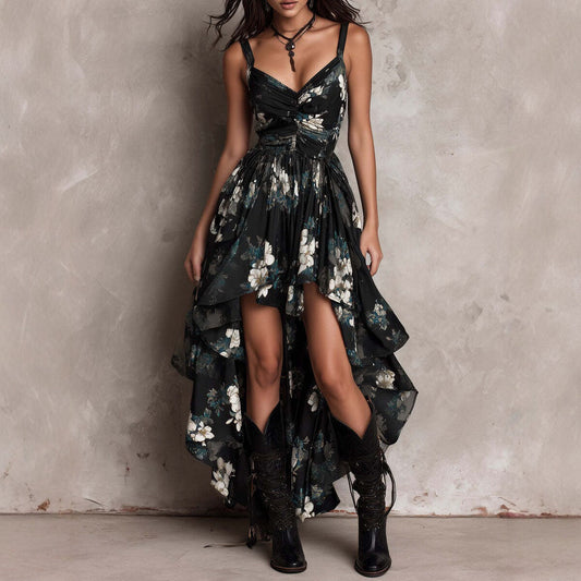 New style printed camisole dress for women, V-neck, waist cinched, high slit long skirt, fashionable vacation dress