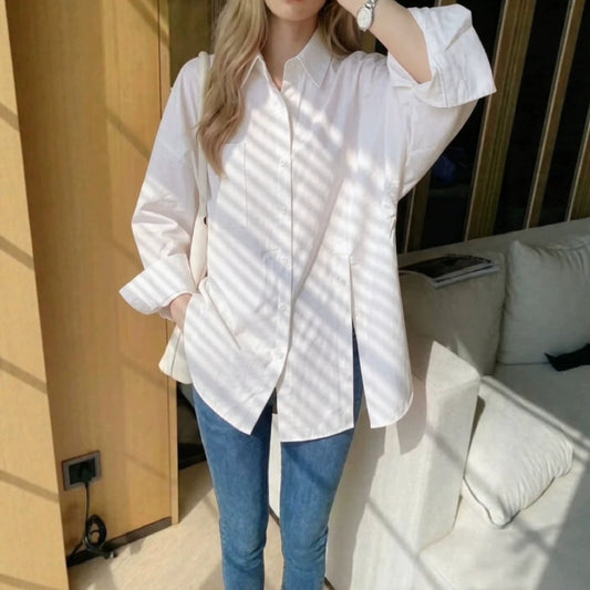 New women's solid color long sleeved shirt with button side slit