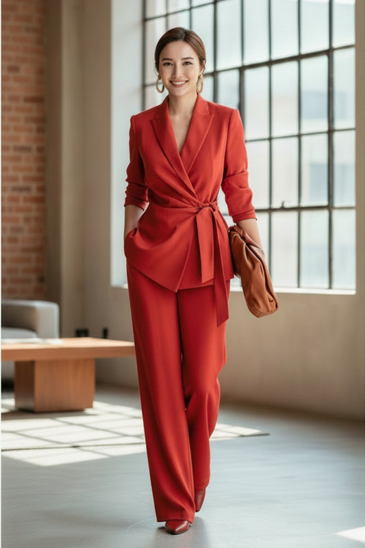 Fashionable Elegant Women's Casual Solid Color Suit Set with Belted Top and Pants