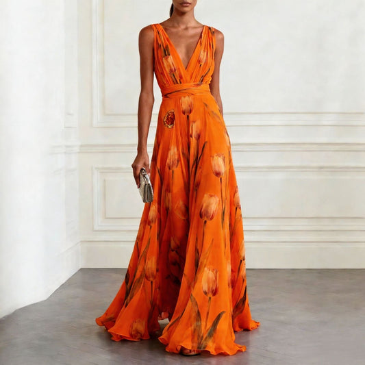 Tulip Print Evening Dress for Women Sleeveless V-Neck Long Dress