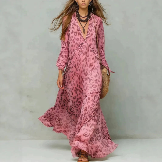 Leopard Print Chiffon Long Dress Deep V-Neck Three-Quarter Sleeve Flared Beach Vacation Dress