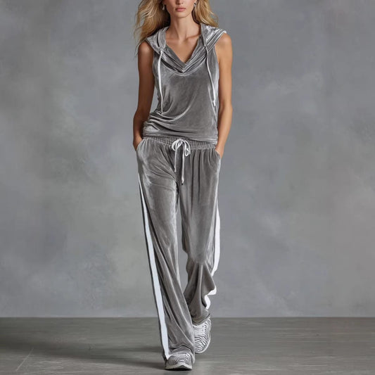 Fashionable Long Pants Sleeveless Hooded Velvet Two-Piece Set for Casual and Sporty Wear