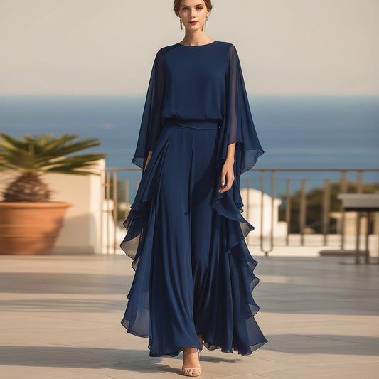 Deep Blue Ruffle Wide-Leg Pants Set for Women, Fashion Elegant Two-Piece Long Sleeve Casual Pants