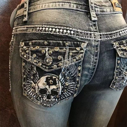 Elastic Smoke Gray Denim Women's Embroidered Rhinestone Skinny Straight-Leg Pants, Embroidered with Rhinestones