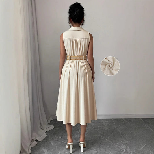 V-neck sleeveless breasted waistband A hem shirt dress for women