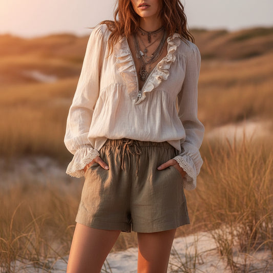 Lotus leaf edge half zipper V-neck lace flared sleeve long sleeved top