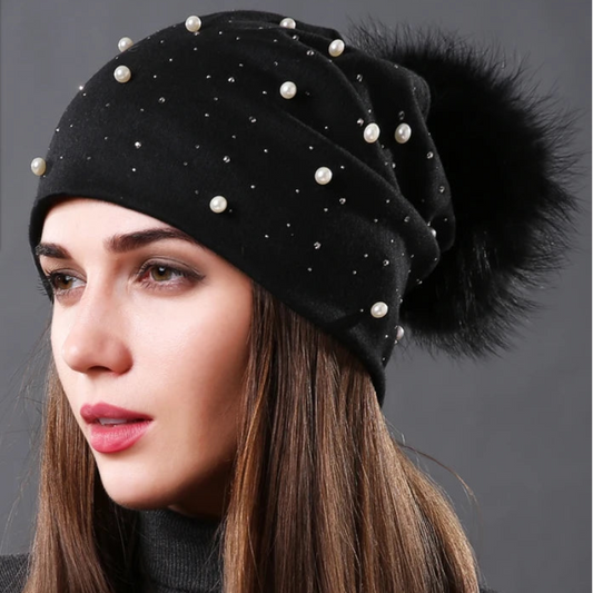 CNTANG 2024 Women's Fashion Hat Autumn Winter Rhinestones Pearl Hats Female Beanies Natural Raccoon Fur Pompom Cotton Warm Caps
