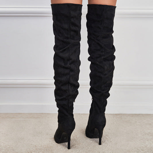European And American Pointed Toe Suede High Zipper Stiletto Heel Boots CJ