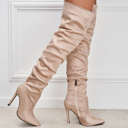 European And American Pointed Toe Suede High Zipper Stiletto Heel Boots CJ