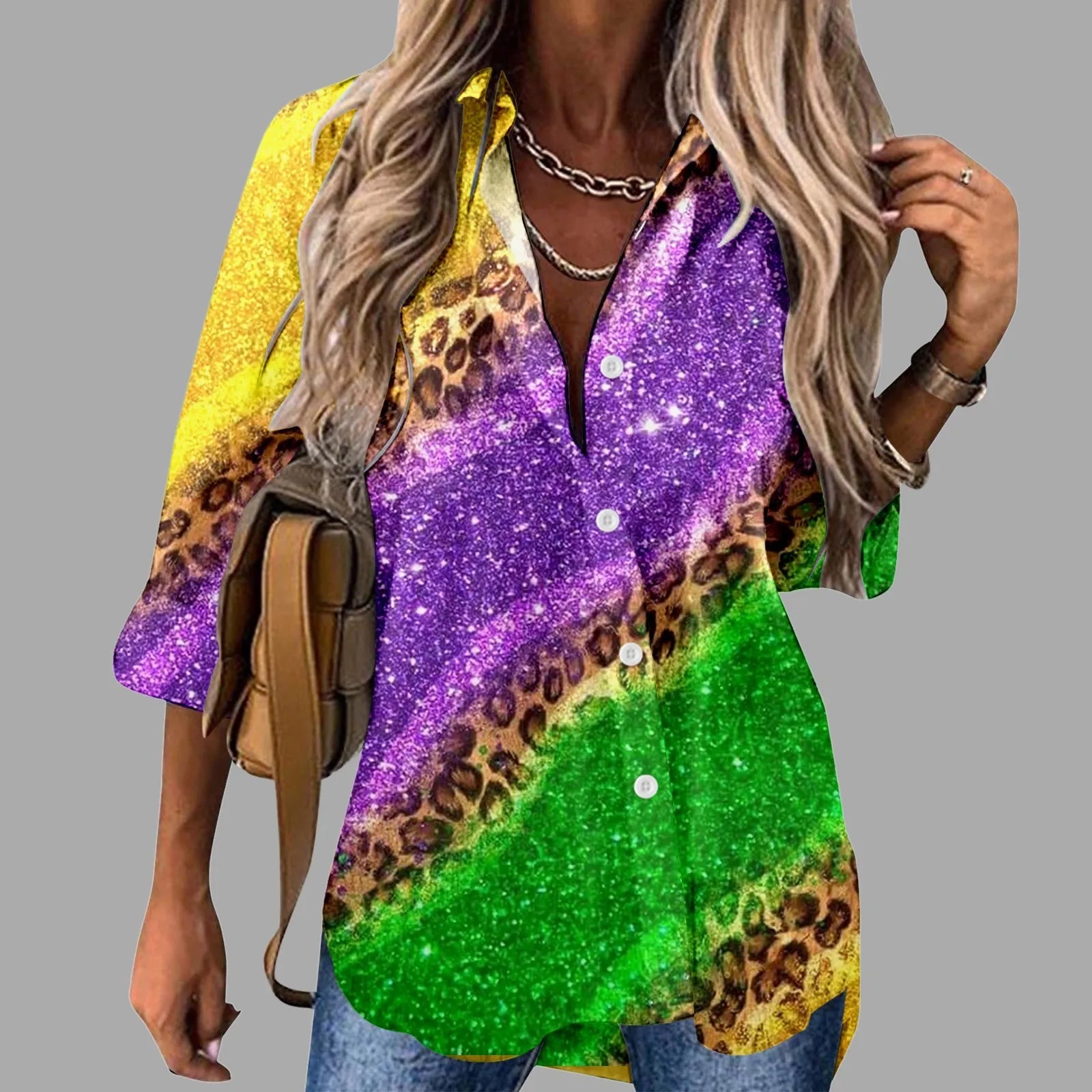 🎭 Mardi Gras Women's V-Neck Long Sleeve Carnival Print Shirt FitiqueFit