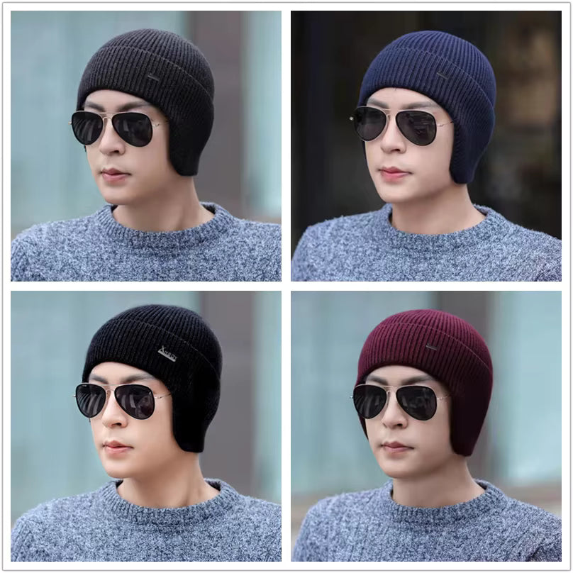 New Men Winter Hat Add Fleece Warm Earflap Cap Stylish Soft Beanie Hat For Male Outdoor Thicken Ski Sports Knitted Hat FitiqueFit