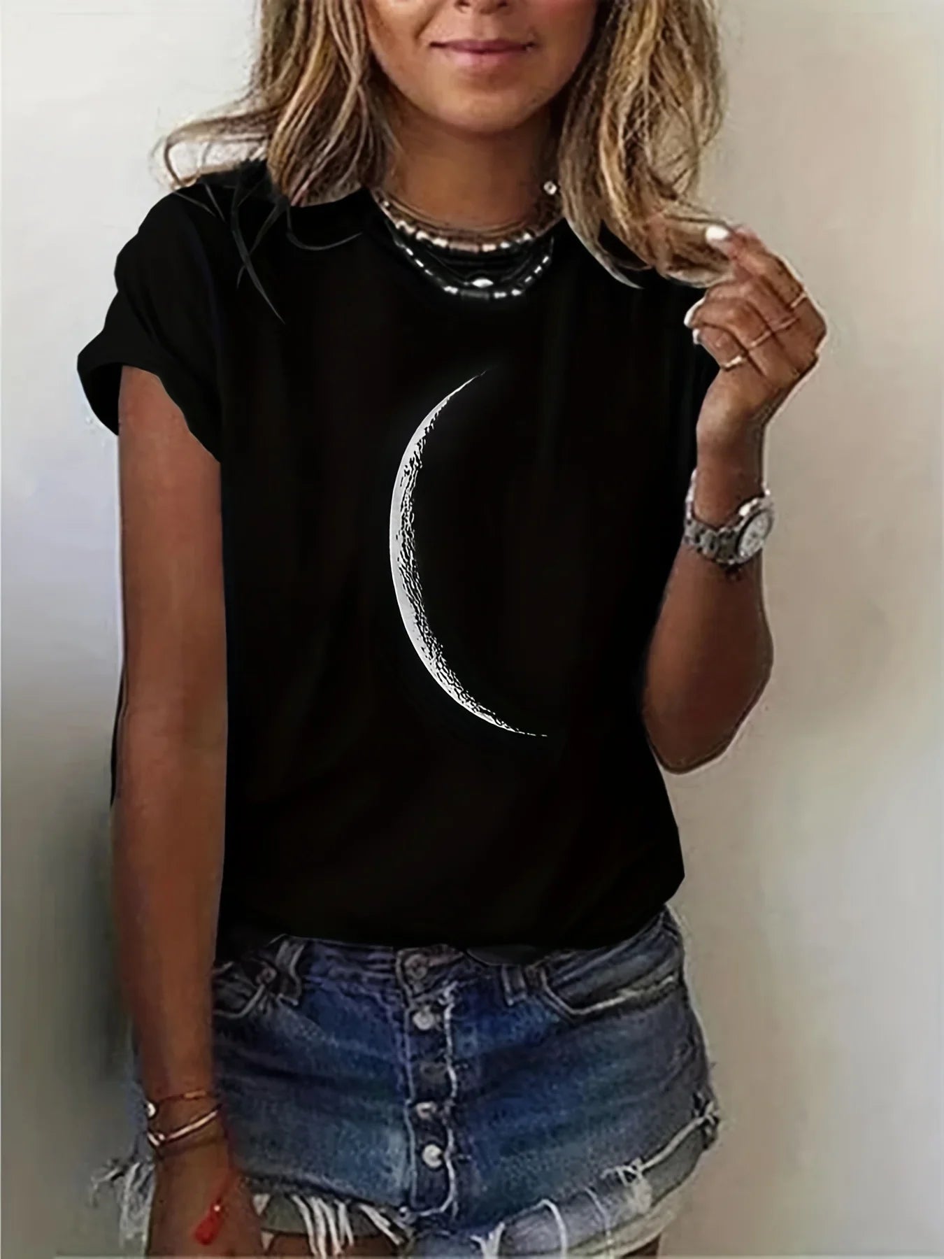 Moon Print Crew Neck T-Shirt FitiqueFit
