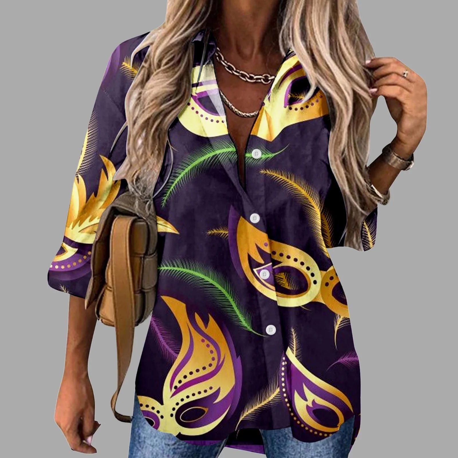 🎭 Mardi Gras Women's V-Neck Long Sleeve Carnival Print Shirt FitiqueFit