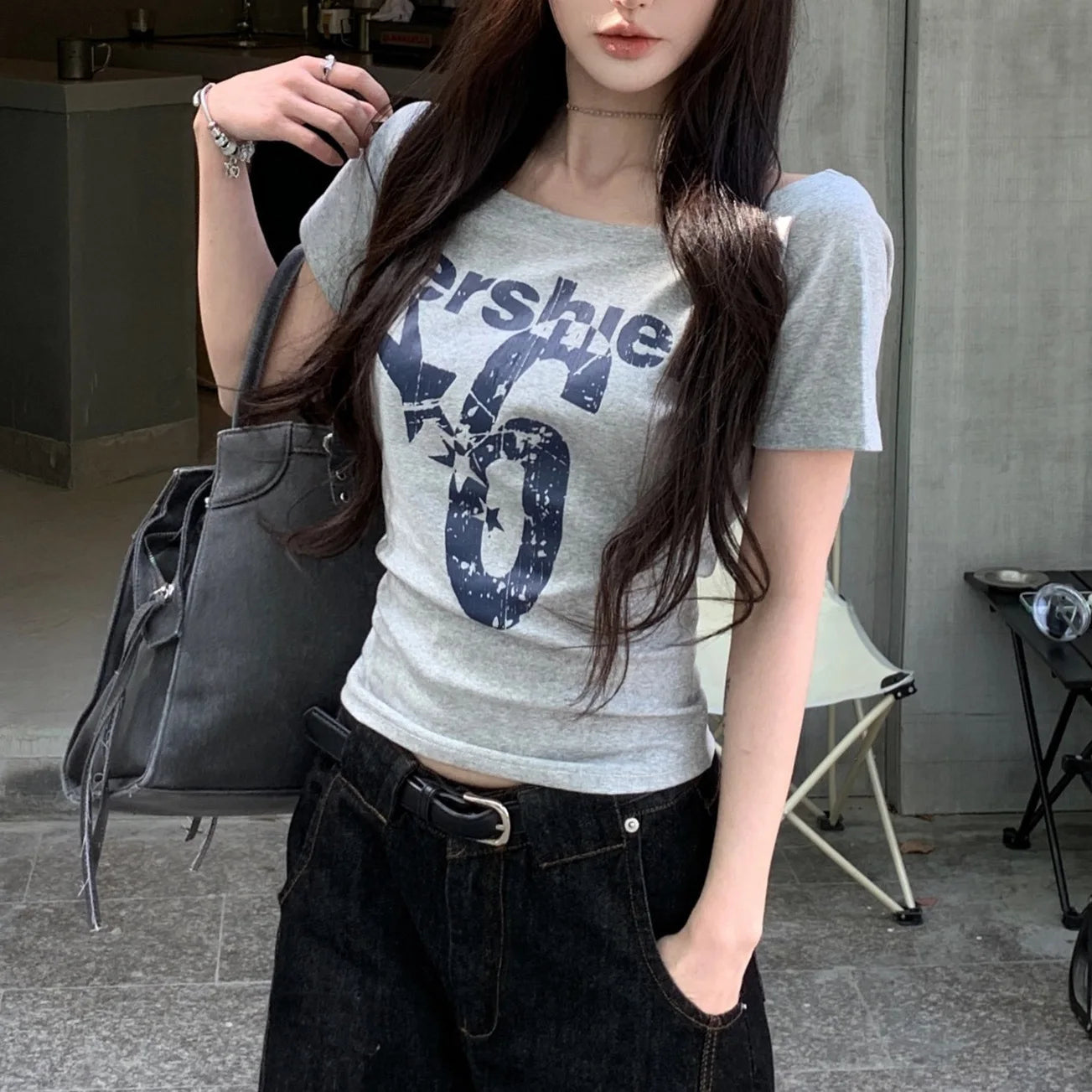 1pcs Summer Women Basic Model Letter Print T-Shirt Lady Short-Sleeved Skew Collar t-Shirt Female Street Style Sexy Slim Fit Tee FitiqueFit