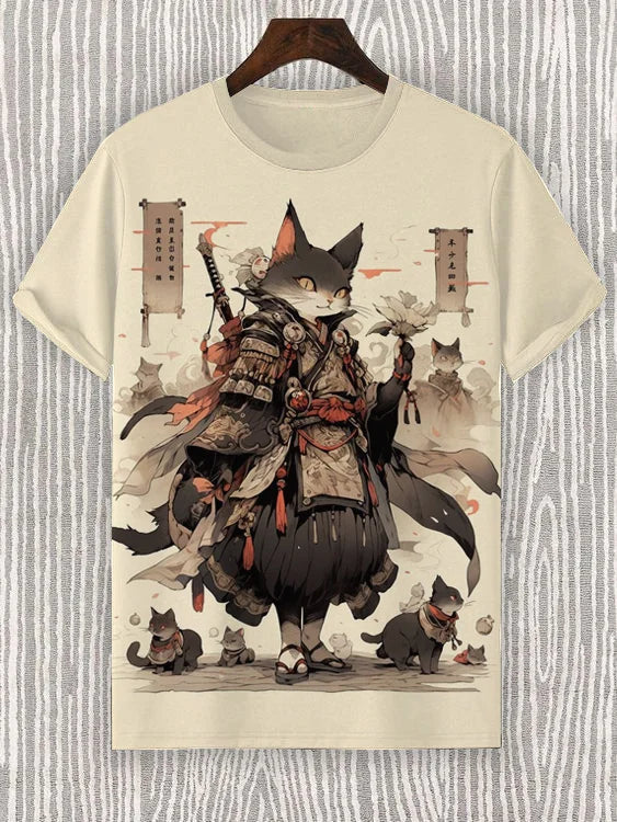 Samurai Cat Graphic T-Shirt – Japanese Style 3D Print Men's Tee FitiqueFit