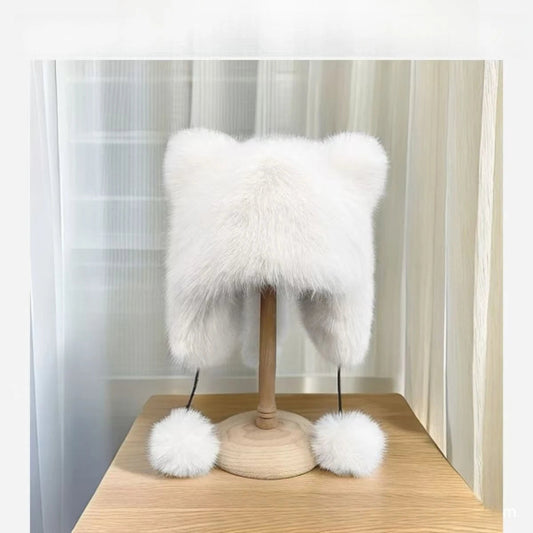 Autumn and Winter imitation fox fur Lei Feng cap with cute cat ear design, thickened warm ear-protecting raccoon cap, plush hat