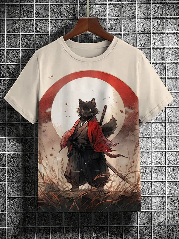 Samurai Cat Graphic T-Shirt – Japanese Style 3D Print Men's Tee FitiqueFit