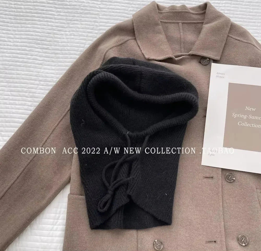 Knitted Hooded Caps Winter Balaclava Hats Women Korean Style Outdoor Warmer Drawstring Hats One-piece Neck Collar Beanies Cap FitiqueFit