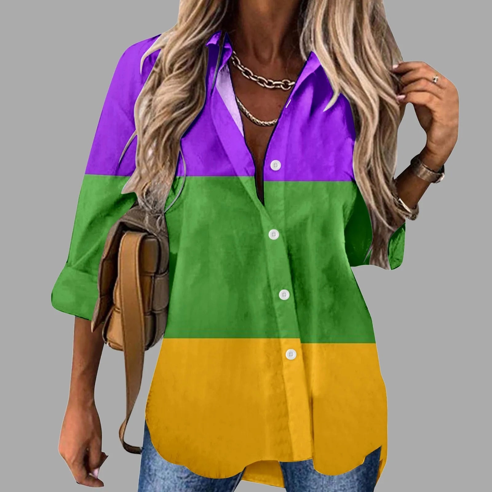 🎭 Mardi Gras Women's V-Neck Long Sleeve Carnival Print Shirt FitiqueFit