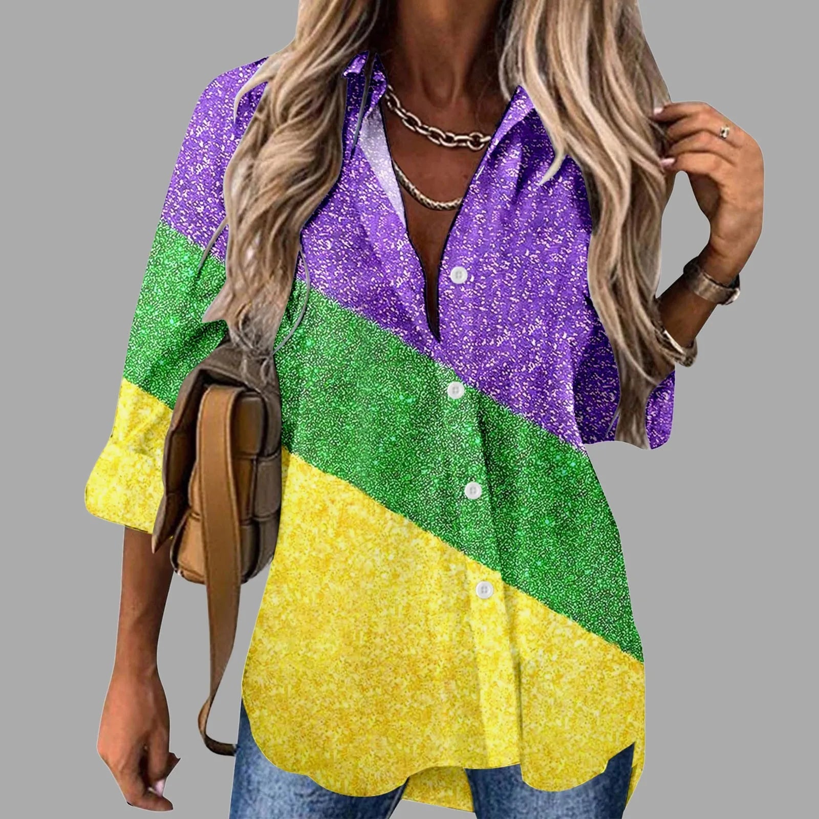 🎭 Mardi Gras Women's V-Neck Long Sleeve Carnival Print Shirt FitiqueFit