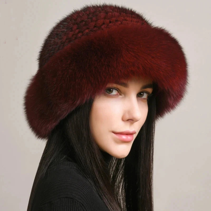 New Genuine Real Natural Knitted Mink Fur Hat Cap Luxury Women Handmade Knit Fashion Winter Headwear Warm Real Fox Fur Beanies FitiqueFit