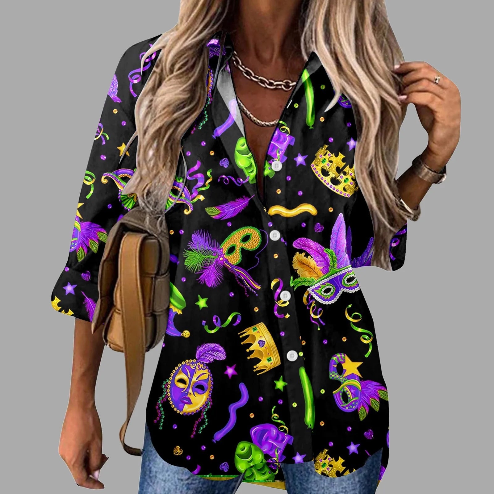 🎭 Mardi Gras Women's V-Neck Long Sleeve Carnival Print Shirt FitiqueFit