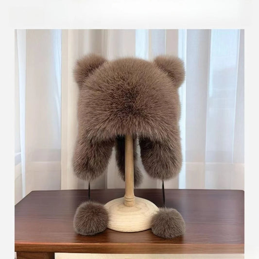 Autumn and Winter imitation fox fur Lei Feng cap with cute cat ear design, thickened warm ear-protecting raccoon cap, plush hat