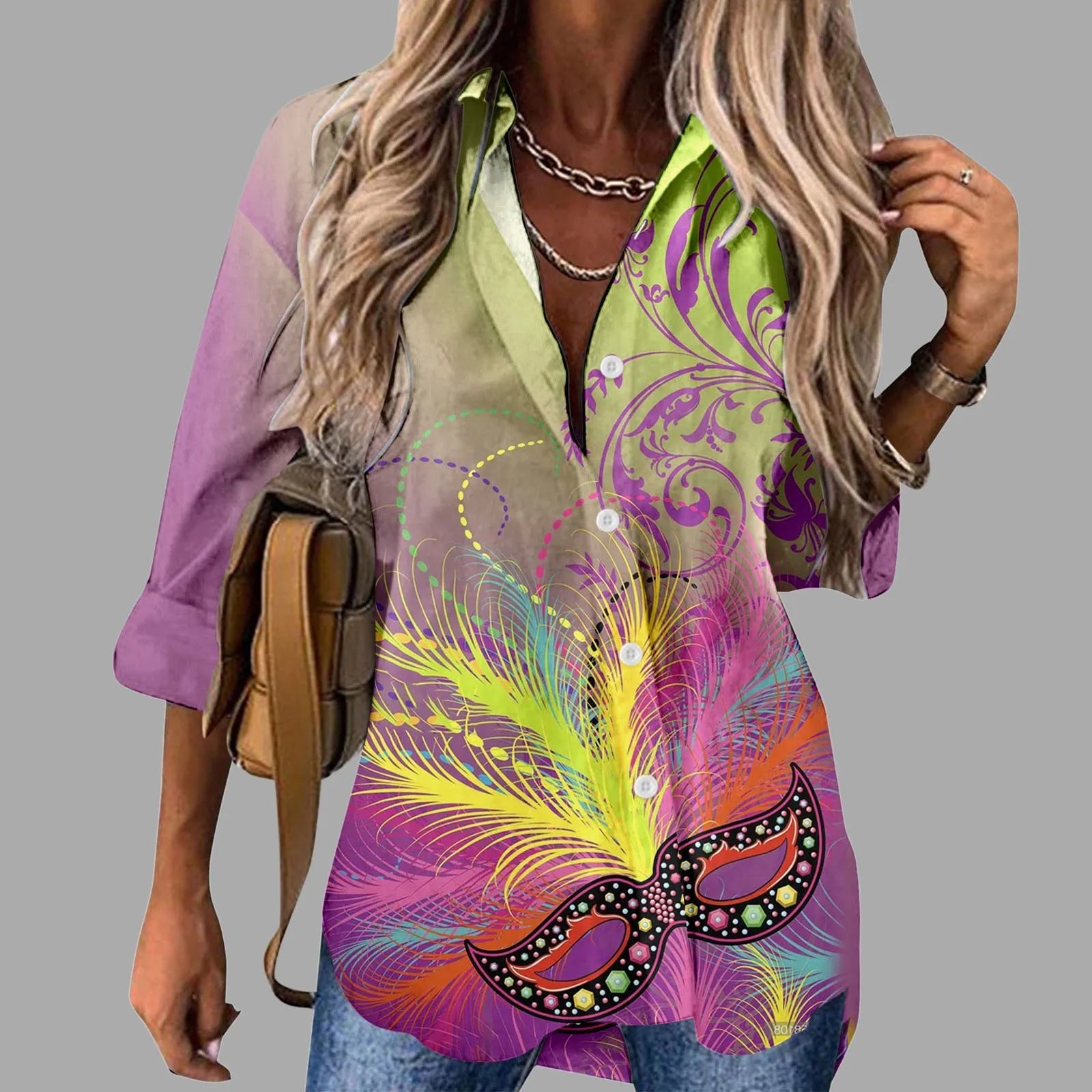 🎭 Mardi Gras Women's V-Neck Long Sleeve Carnival Print Shirt FitiqueFit