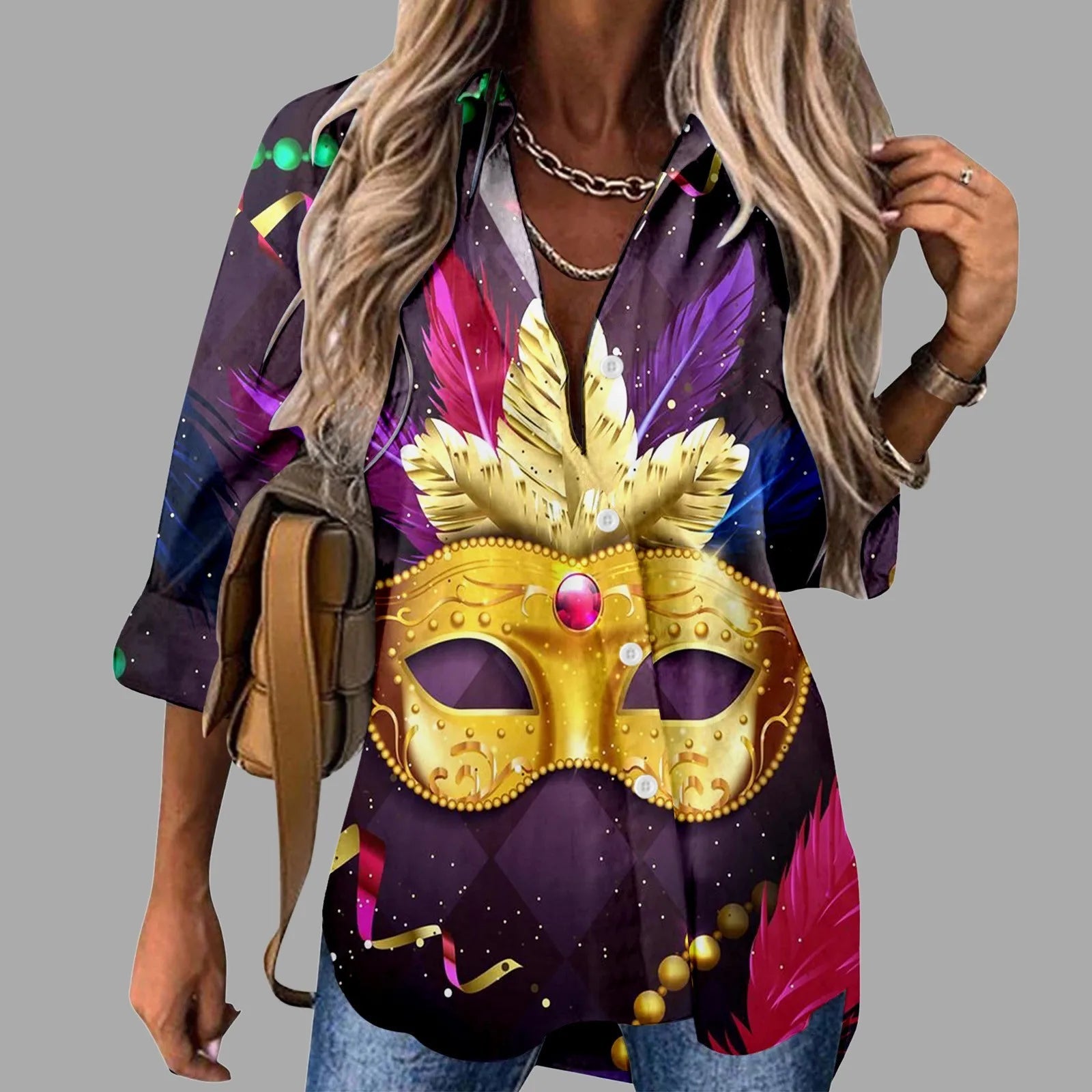 🎭 Mardi Gras Women's V-Neck Long Sleeve Carnival Print Shirt FitiqueFit