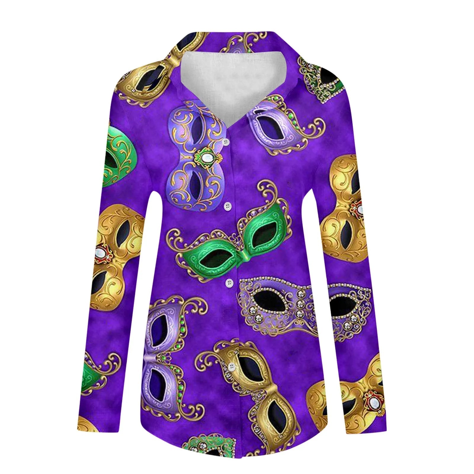🎭 Mardi Gras Women's V-Neck Long Sleeve Carnival Print Shirt FitiqueFit