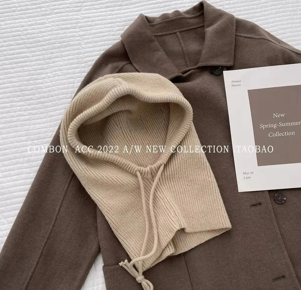 Knitted Hooded Caps Winter Balaclava Hats Women Korean Style Outdoor Warmer Drawstring Hats One-piece Neck Collar Beanies Cap FitiqueFit