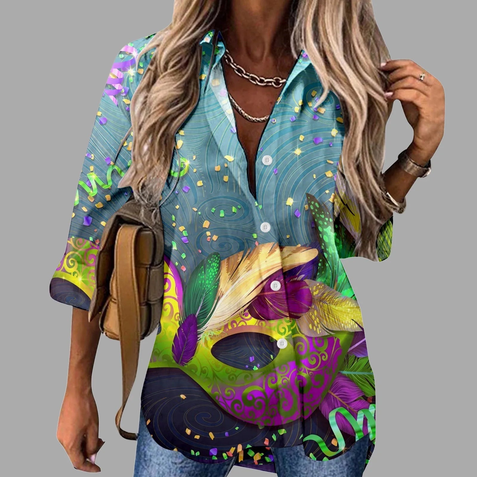 🎭 Mardi Gras Women's V-Neck Long Sleeve Carnival Print Shirt FitiqueFit
