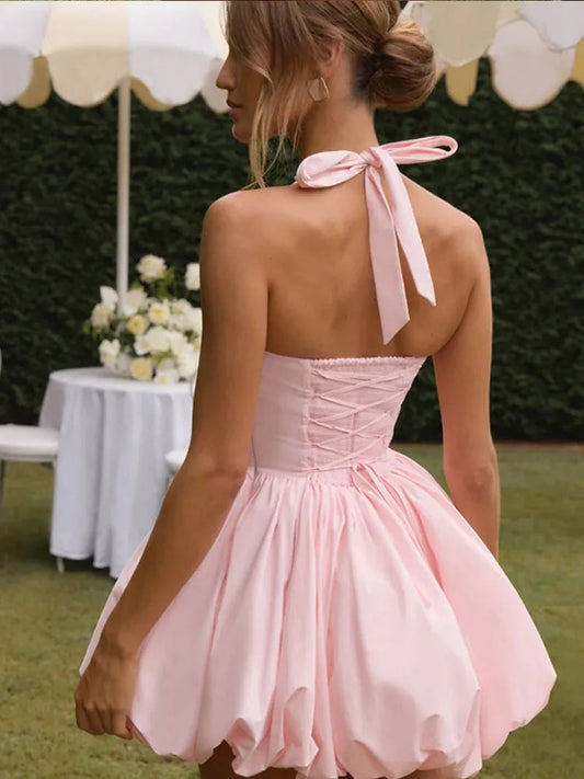 Women’s Pink Corset Puffball-Hem Mini Dress FitiqueFit