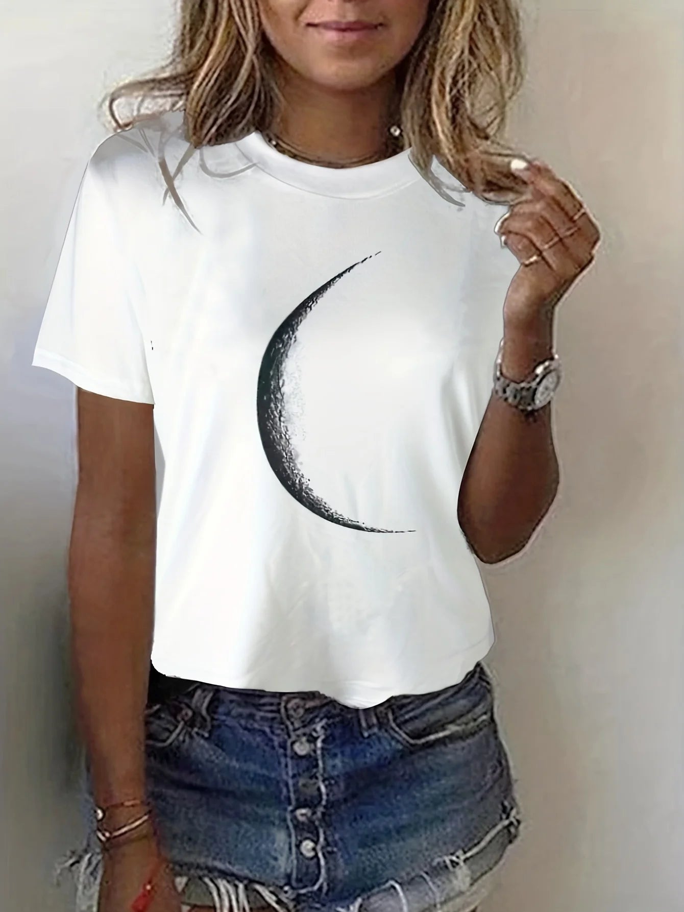 Moon Print Crew Neck T-Shirt FitiqueFit
