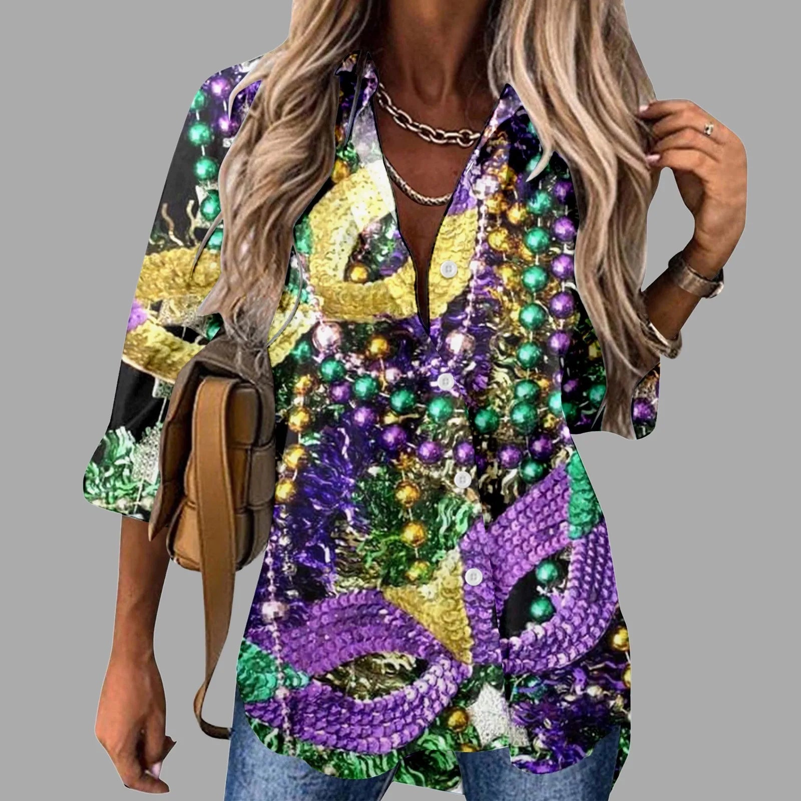 🎭 Mardi Gras Women's V-Neck Long Sleeve Carnival Print Shirt FitiqueFit